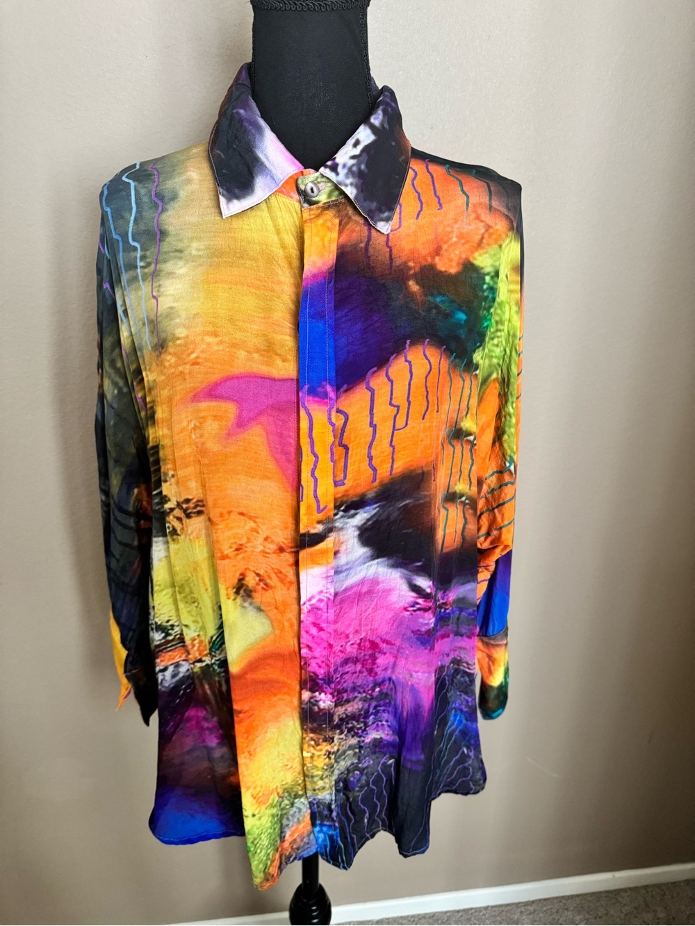 Dilemma NY Abstract Multicolor Button-Front Blouse — Women’s Vibrant Print Top
